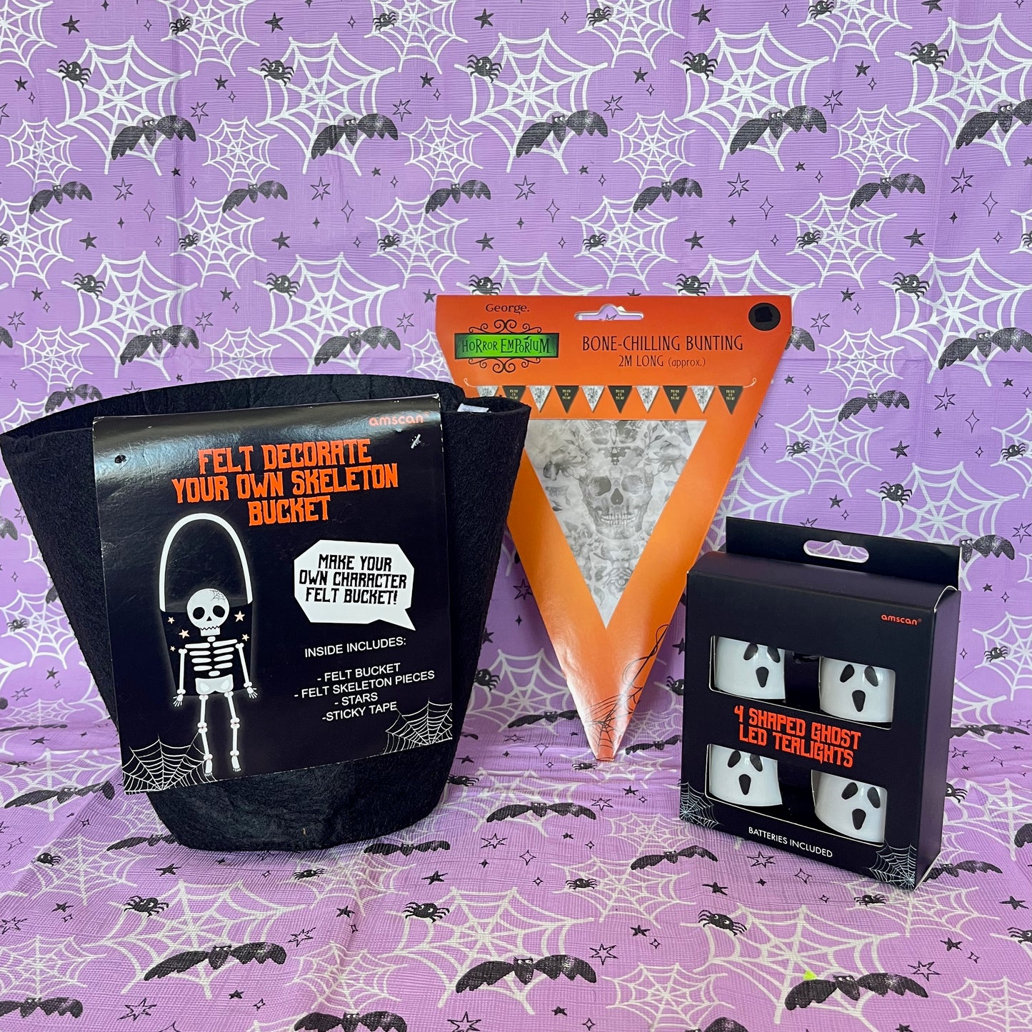 Halloween Party Bundle. Decorate your bucket, Bone Chilling Bunting, 4 Shaped Ghost Lights