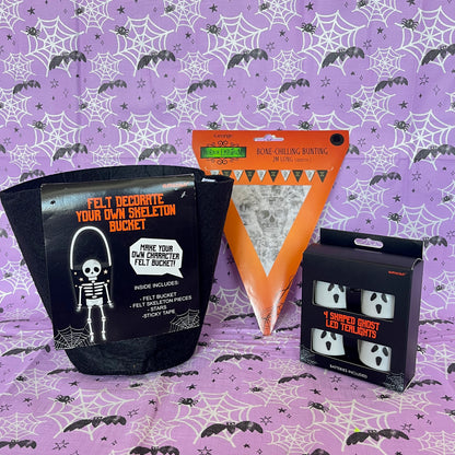 Halloween Party Bundle. Decorate your bucket, Bone Chilling Bunting, 4 Shaped Ghost Lights