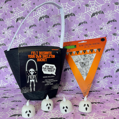 Halloween Party Bundle. Decorate your bucket, Bone Chilling Bunting, 4 Shaped Ghost Lights
