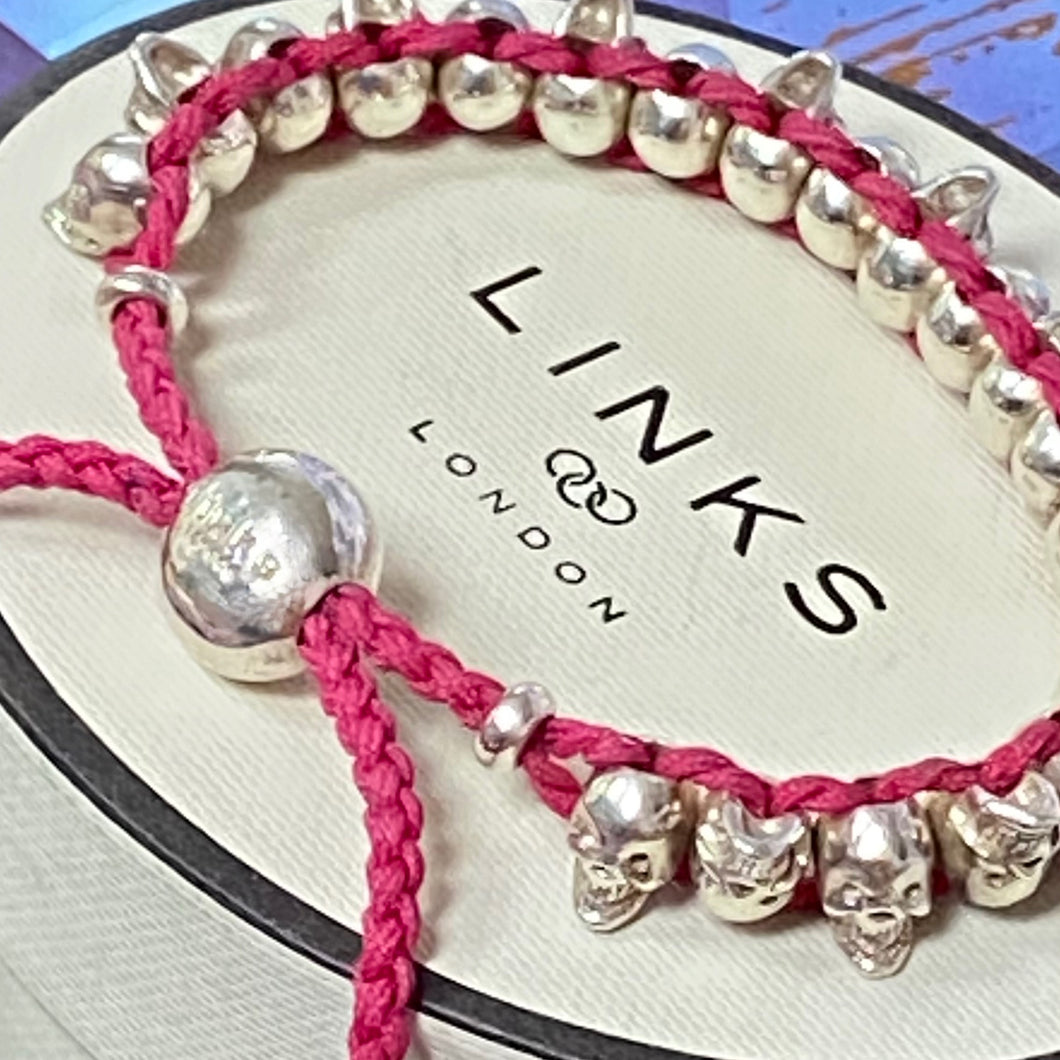 Links of London Bright Pink Skull Sterling Silver Friendship Bracelet- Fully Hall Marked 925