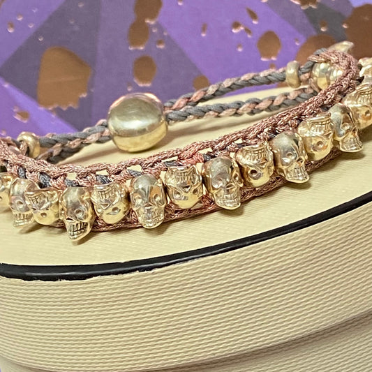 Links of London Sterling Silver Skull Friendship Bracelet with Pink and Grey cord