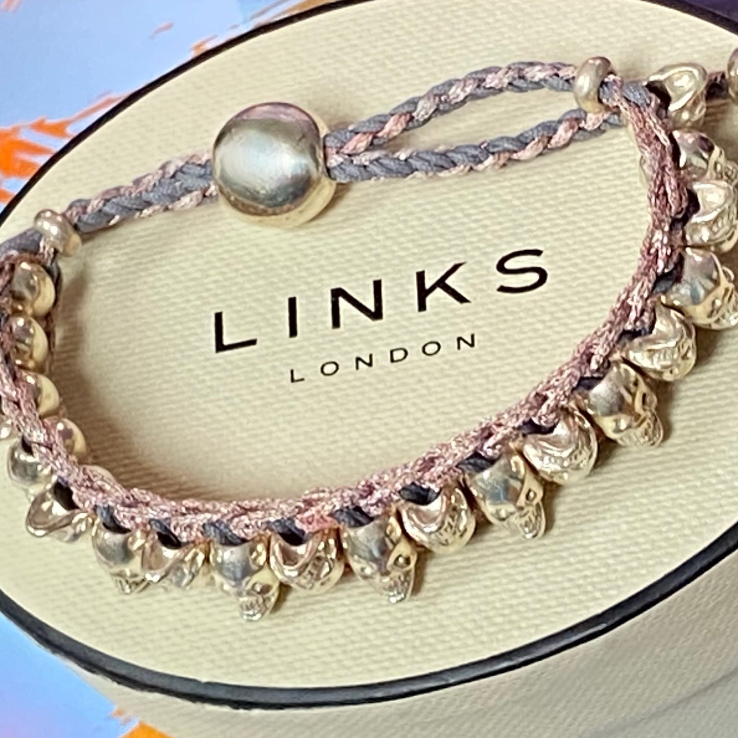 Links of London Sterling Silver Skull Friendship Bracelet with Pink and Grey cord