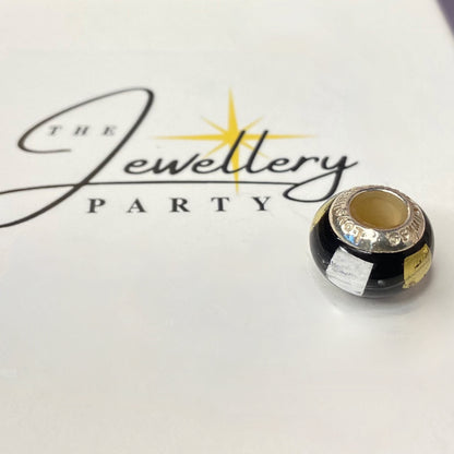 LoveLinks Black Charm Bead with yellow and white square design Crafted from Sterling Silver and Murano Glass