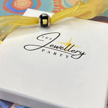 LoveLinks Black Charm Bead with yellow and white square design Crafted from Sterling Silver and Murano Glass