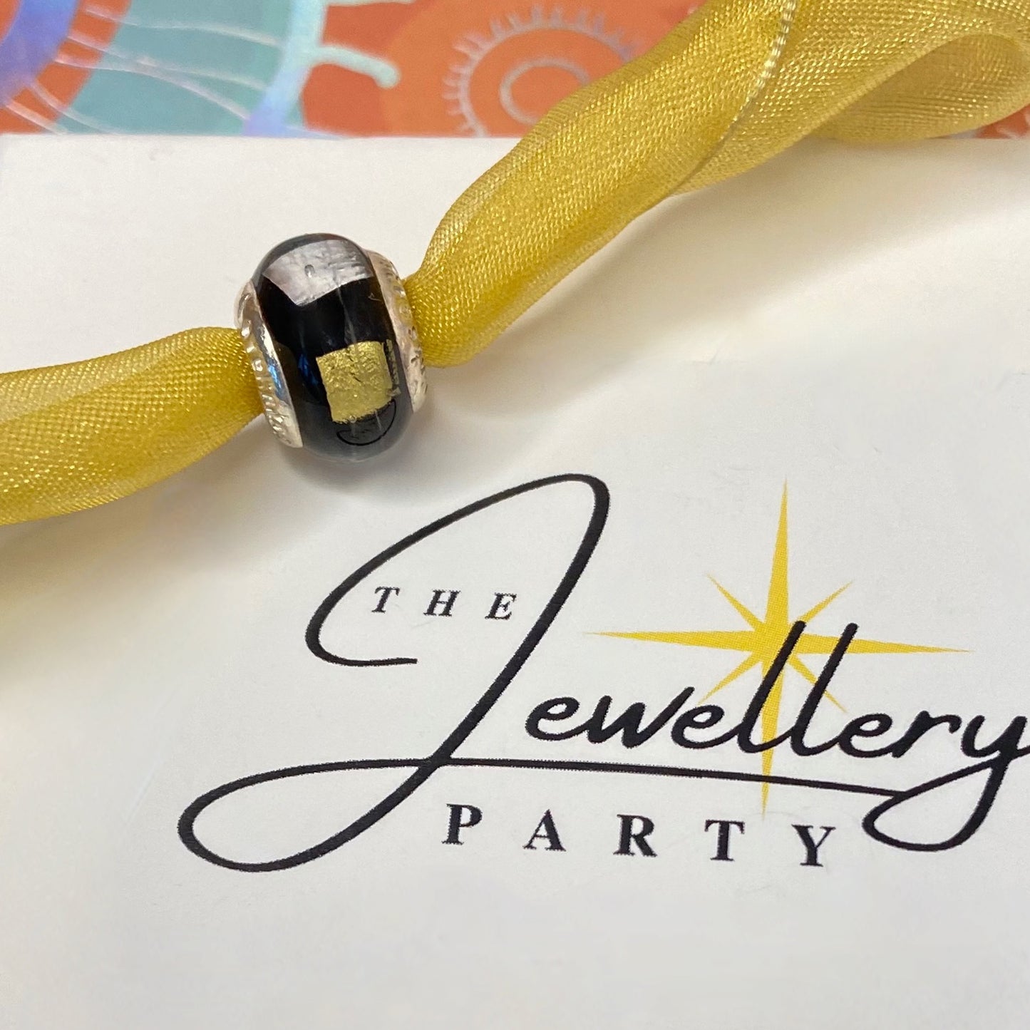 LoveLinks Black Charm Bead with yellow and white square design Crafted from Sterling Silver and Murano Glass