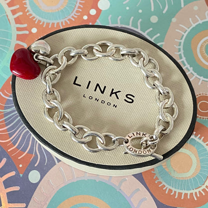Sterling Silver Signature Bracelet Links of London with a Red and Silver hearts 21cm 33g