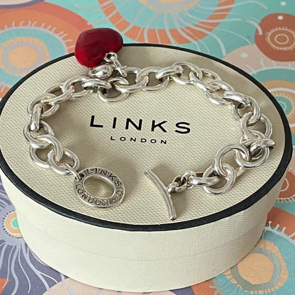 Sterling Silver Signature Bracelet Links of London with a Red and Silver hearts 21cm 33g