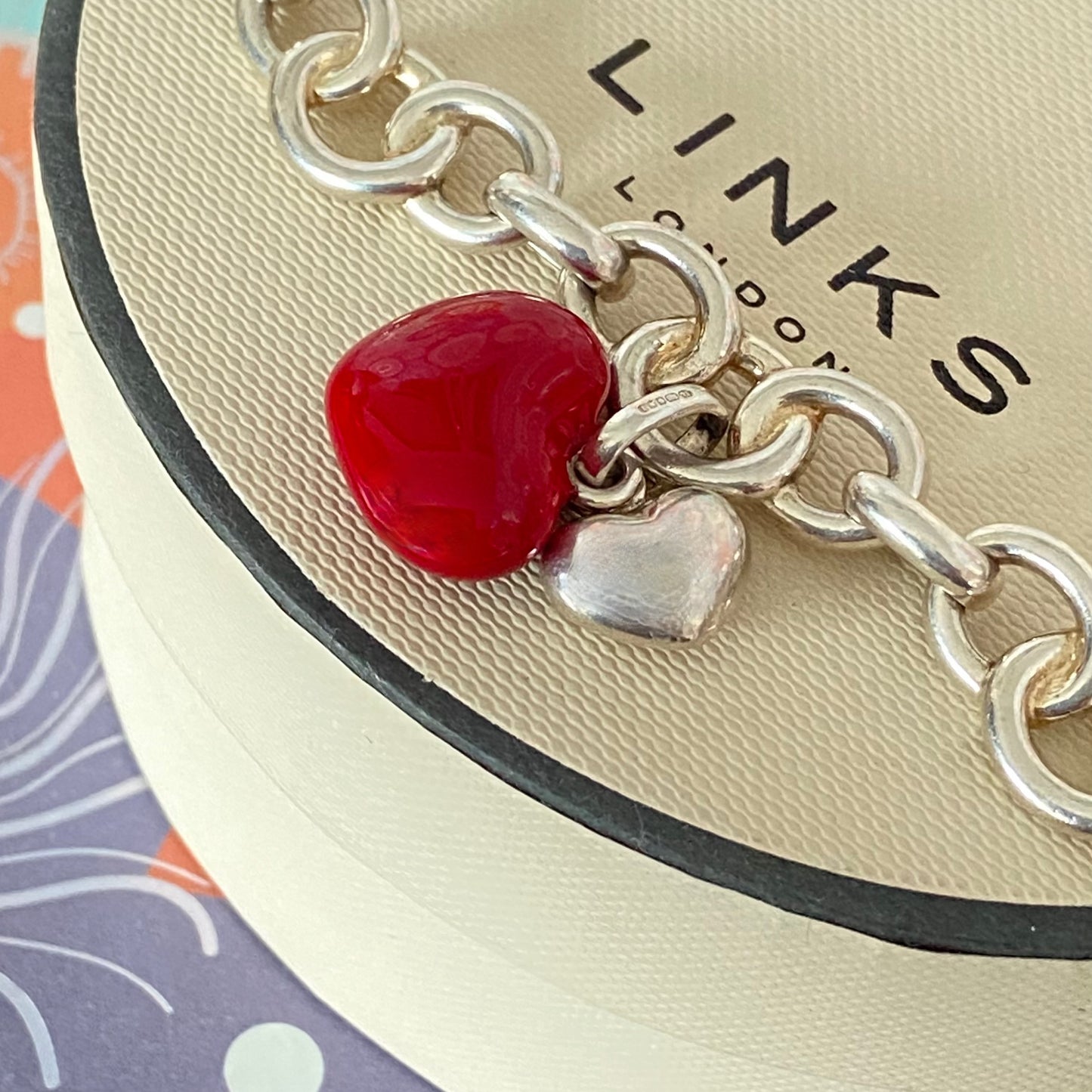 Sterling Silver Signature Bracelet Links of London with a Red and Silver hearts 21cm 33g