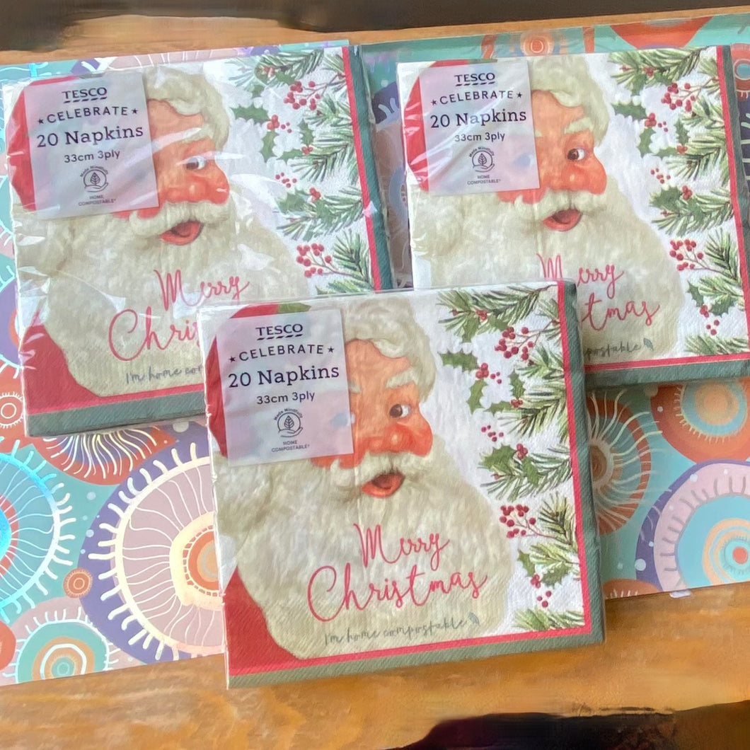 3 x 20/3ply Merry Christmas Festive Napkins , Santa Claus design can be used for decoupage