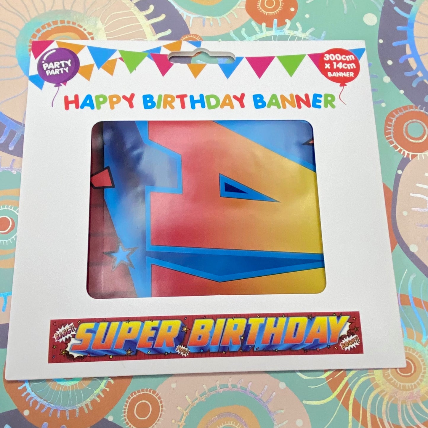 Party superhero-themed birthday banner is designed for decorating party venues.