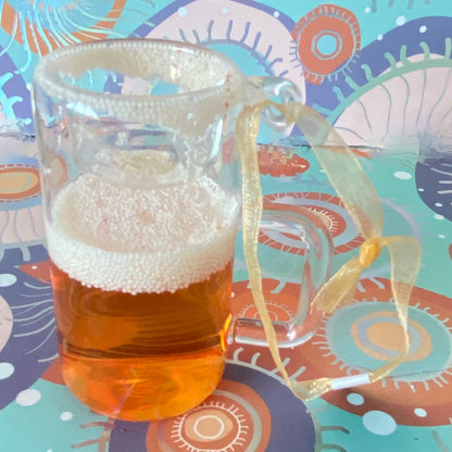 Glass Beer Mug with Foam & Moving Liquid Christmas Bauble Decoration, will never spill..
