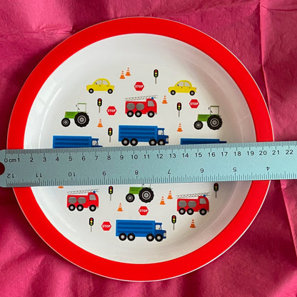 Reusable plate featuring Cars and Trucks design