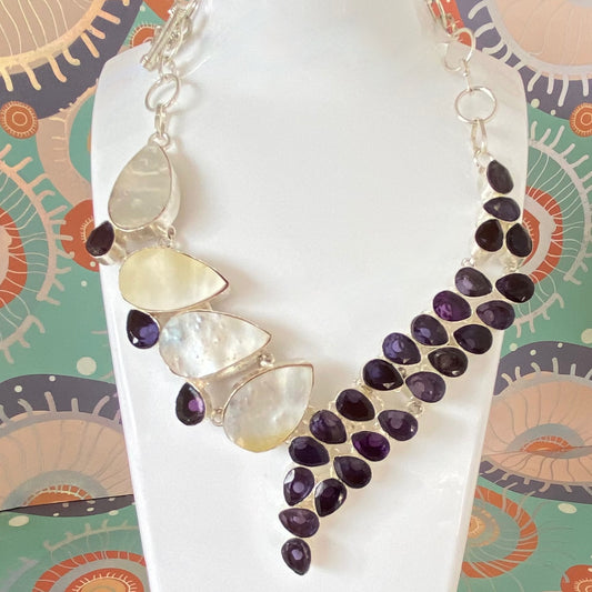 Mother of Pearl and Purple Crystal Statement Necklace
