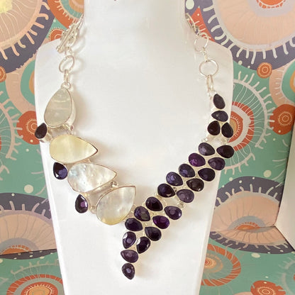 Mother of Pearl and Purple Crystal Statement Necklace