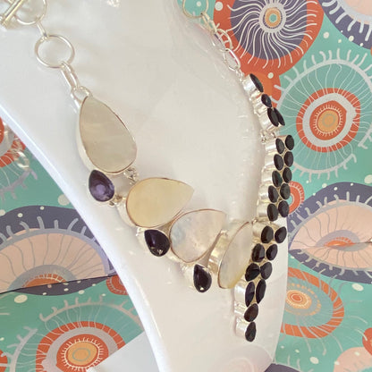 Mother of Pearl and Purple Crystal Statement Necklace