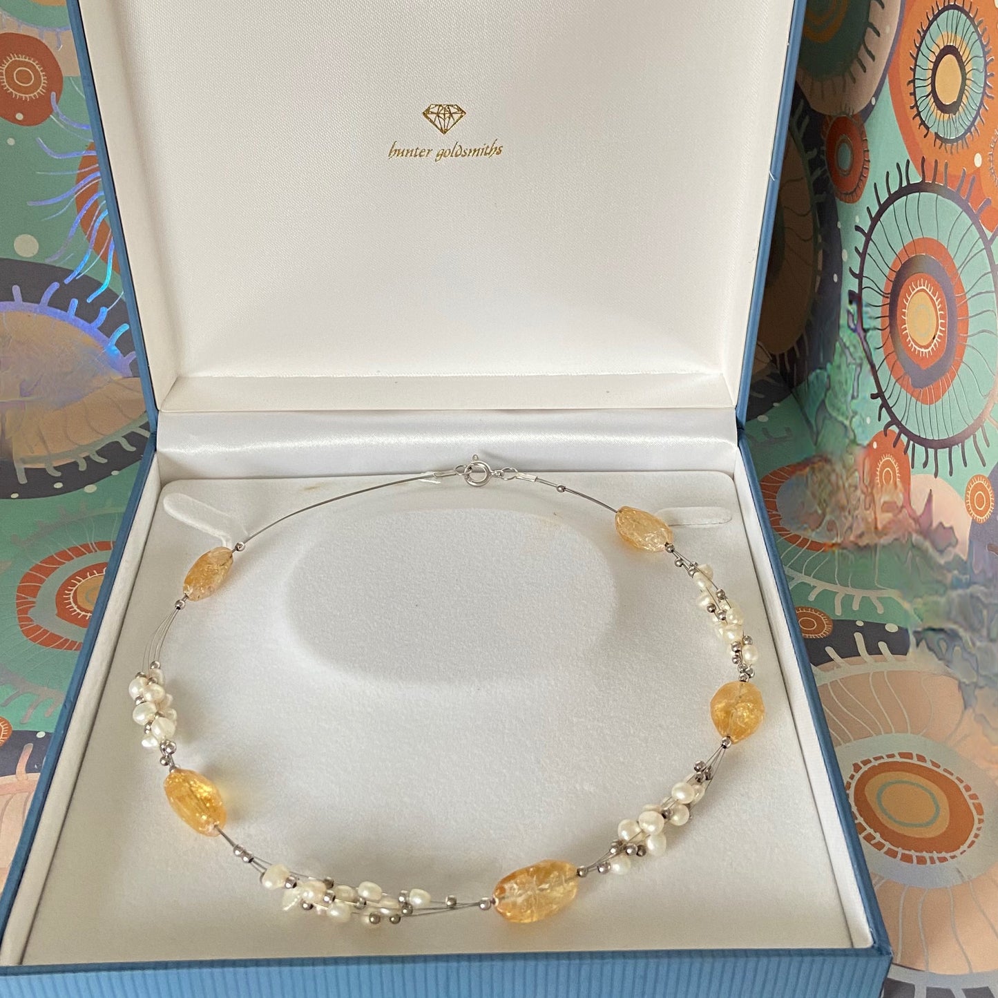Citrine Gemstone, Sterling Silver and Pearl floating Necklace