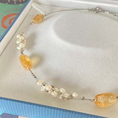 Citrine Gemstone, Sterling Silver and Pearl floating Necklace