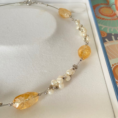Citrine Gemstone, Sterling Silver and Pearl floating Necklace