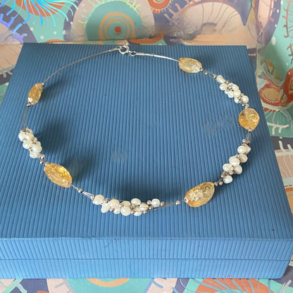 Citrine Gemstone, Sterling Silver and Pearl floating Necklace