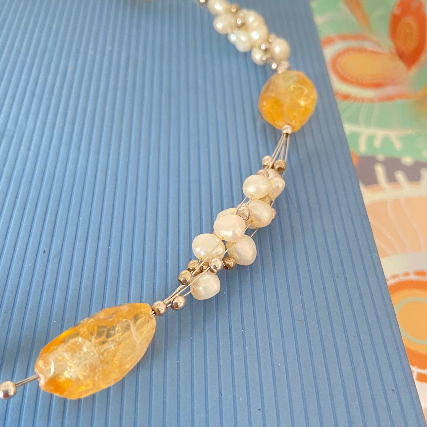 Citrine Gemstone, Sterling Silver and Pearl floating Necklace