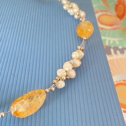 Citrine Gemstone, Sterling Silver and Pearl floating Necklace