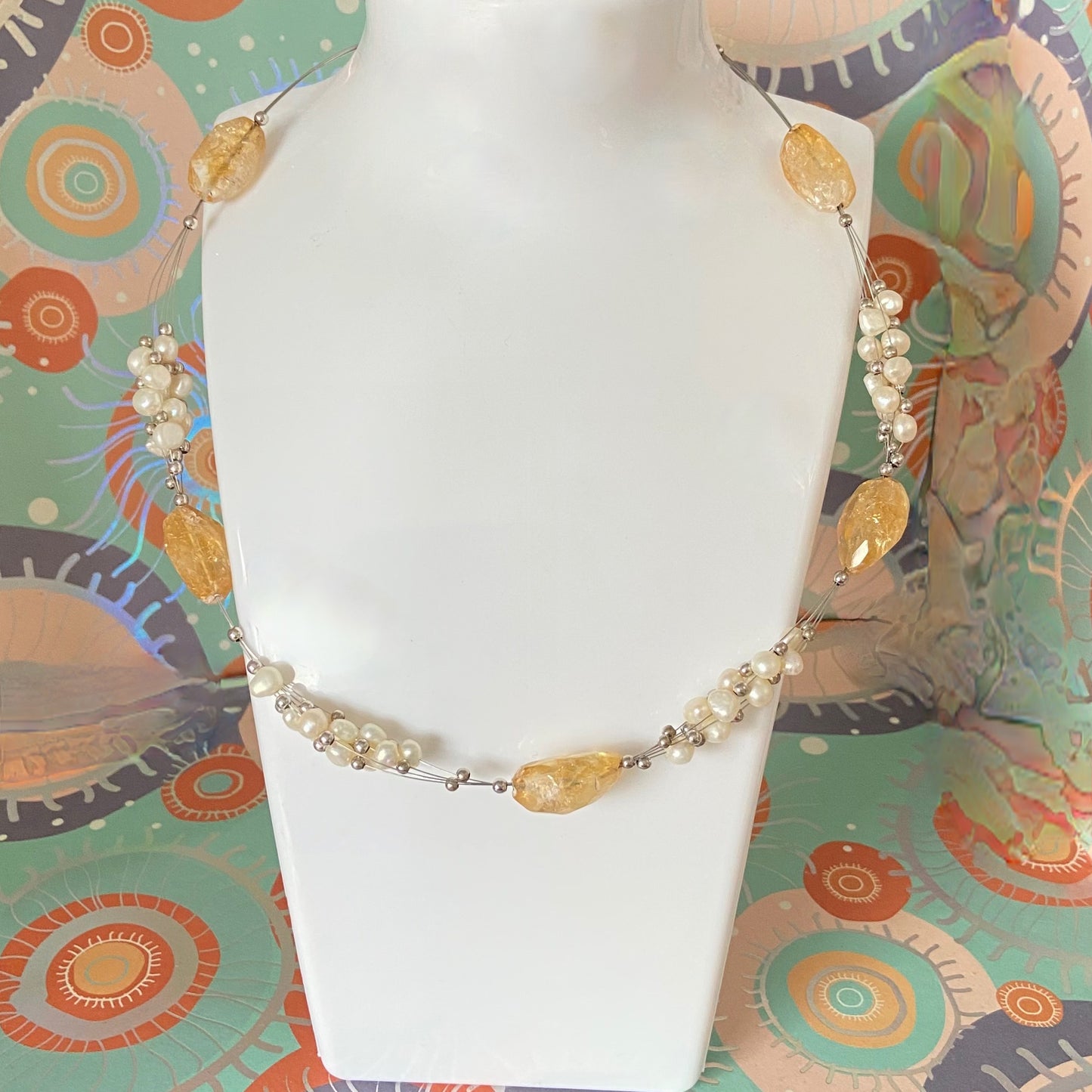 Citrine Gemstone, Sterling Silver and Pearl floating Necklace