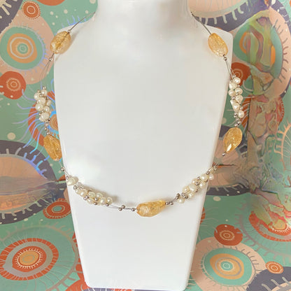 Citrine Gemstone, Sterling Silver and Pearl floating Necklace