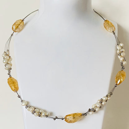 Citrine Gemstone, Sterling Silver and Pearl floating Necklace