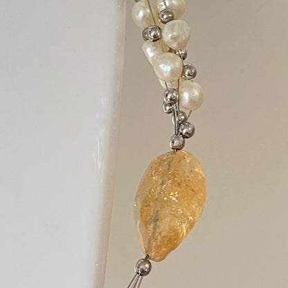 Citrine Gemstone, Sterling Silver and Pearl floating Necklace