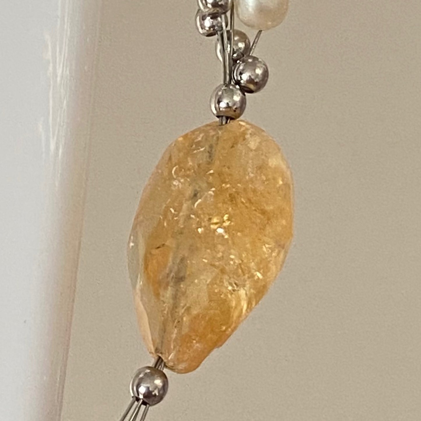 Citrine Gemstone, Sterling Silver and Pearl floating Necklace