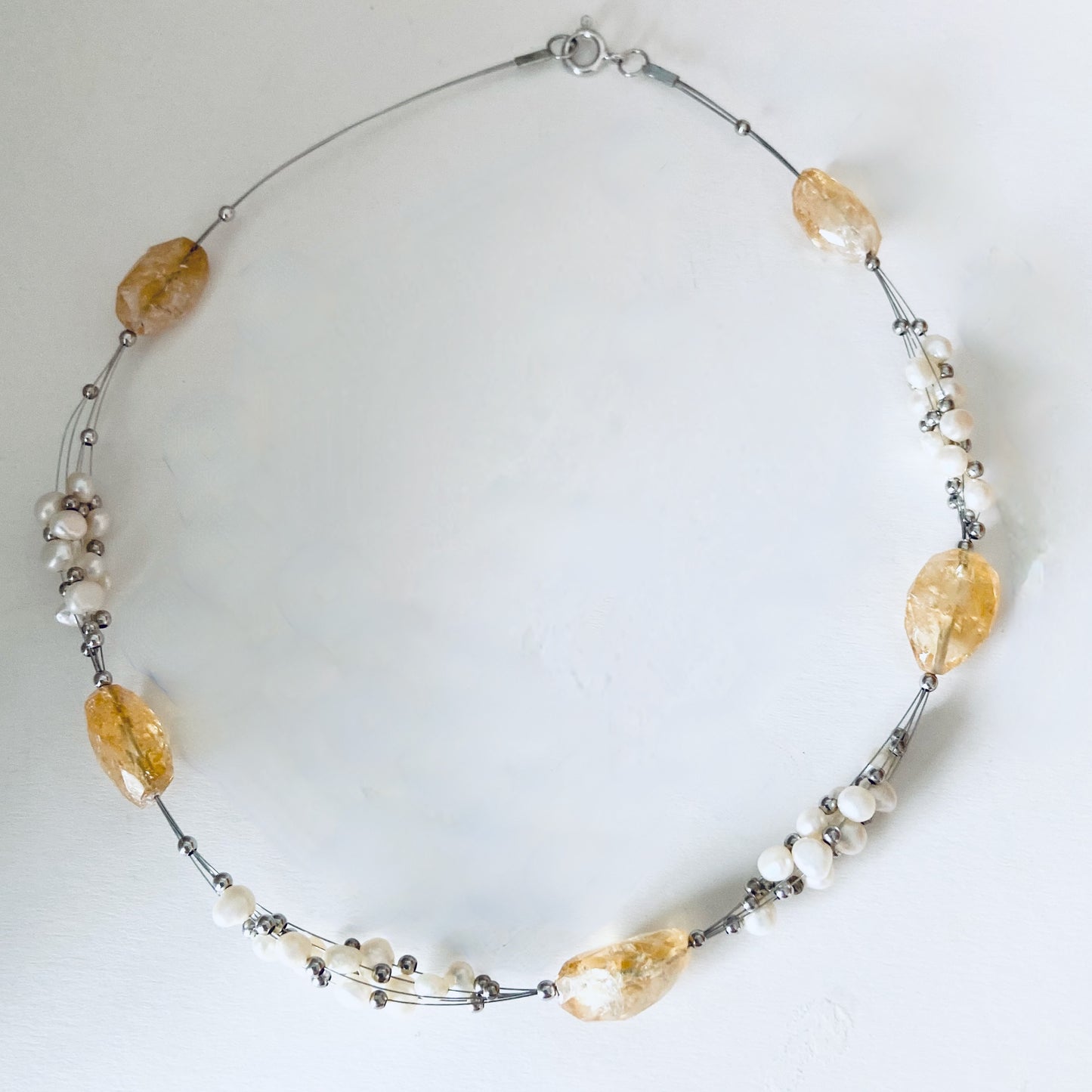 Citrine Gemstone, Sterling Silver and Pearl floating Necklace