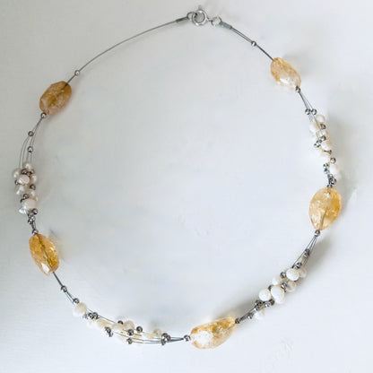 Citrine Gemstone, Sterling Silver and Pearl floating Necklace