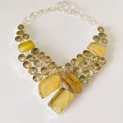 This lovely necklace covered in Fluorite Yellow Gemstones and Crystals