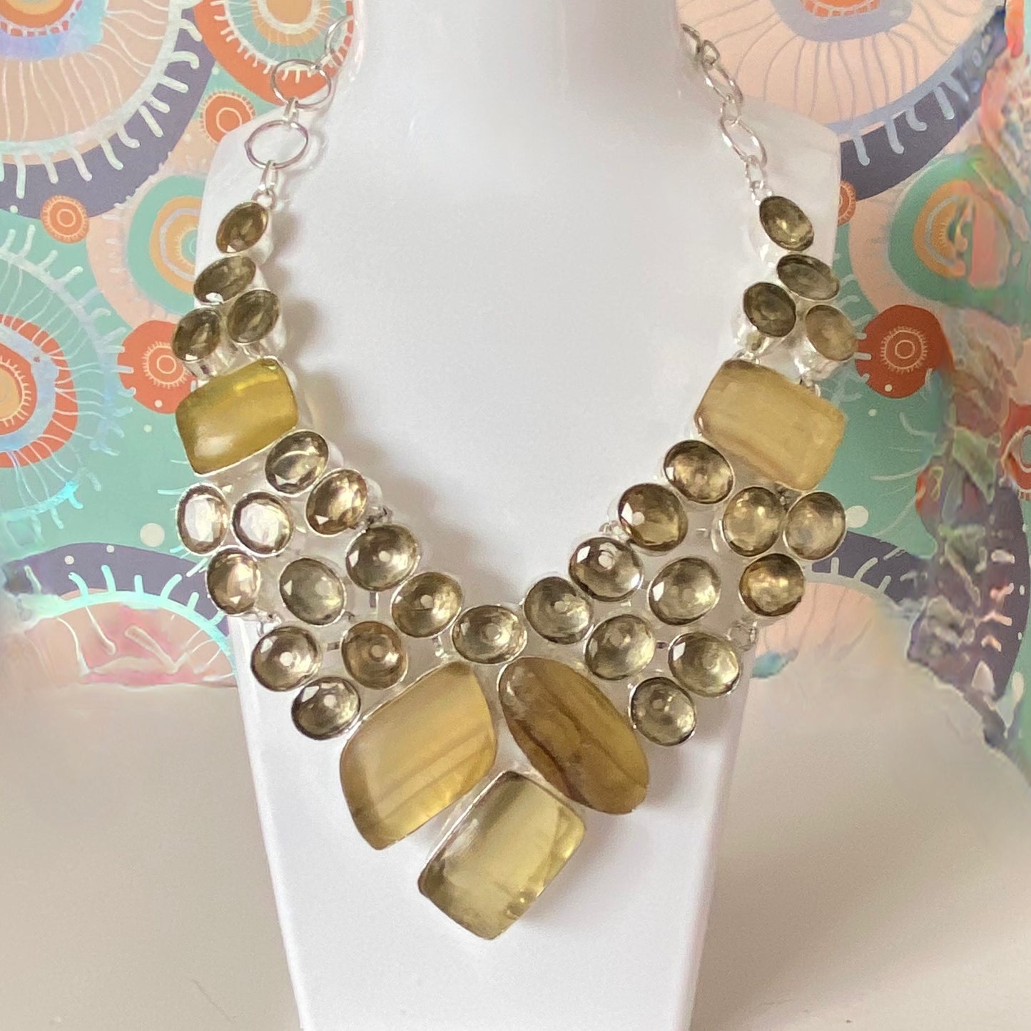 This lovely necklace covered in Fluorite Yellow Gemstones and Crystals