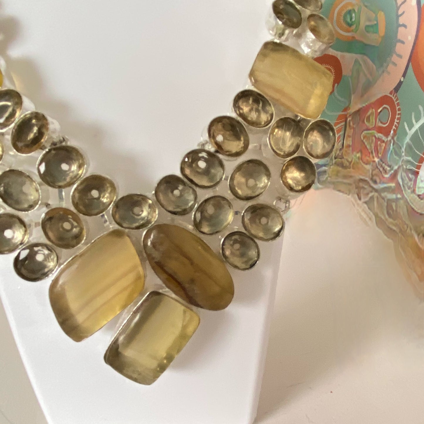 This lovely necklace covered in Fluorite Yellow Gemstones and Crystals