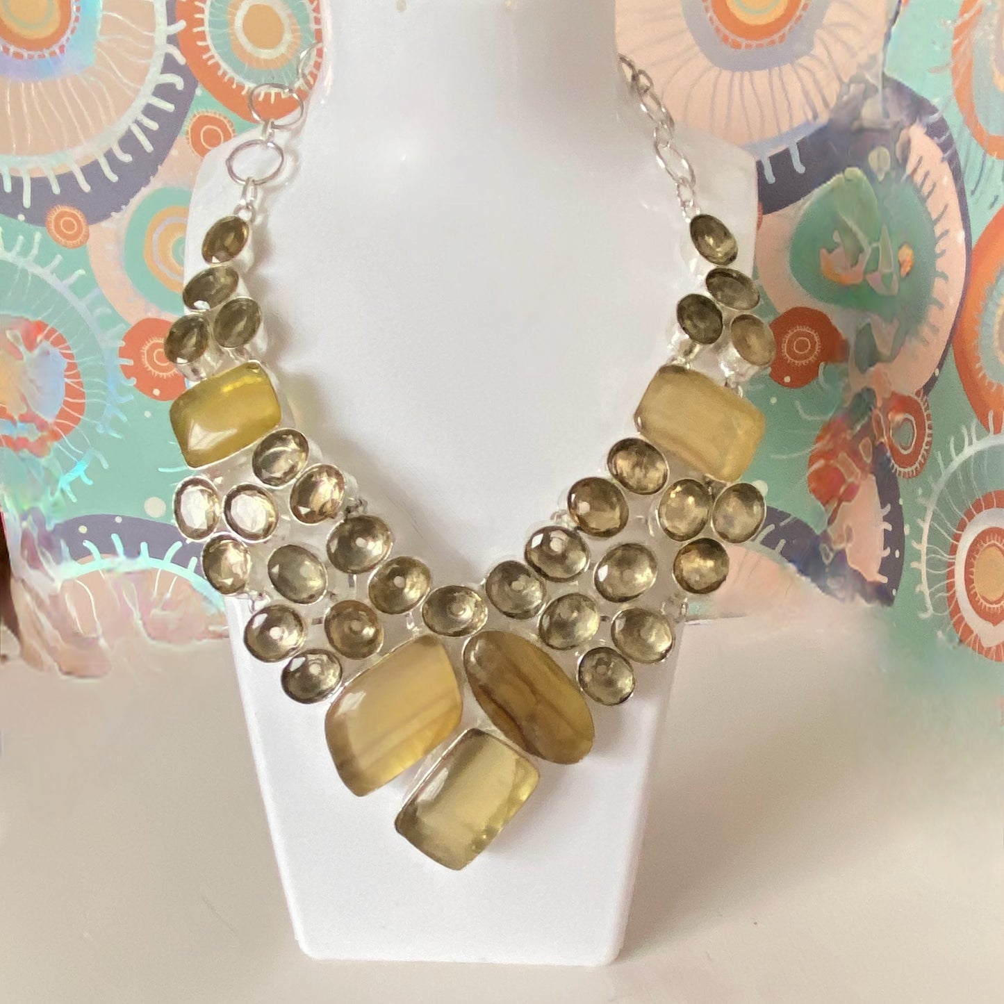 This lovely necklace covered in Fluorite Yellow Gemstones and Crystals