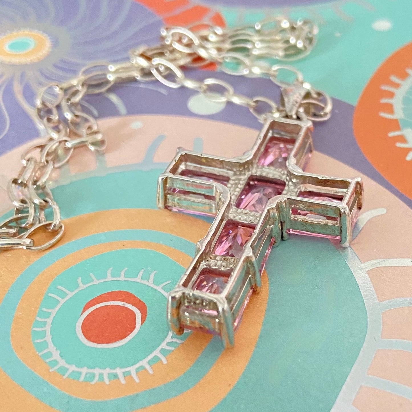 Sterling Silver Belcher chain with a Large Pink Crystal Cross