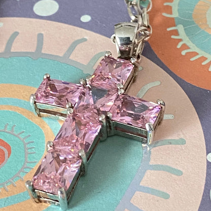 Sterling Silver Belcher chain with a Large Pink Crystal Cross