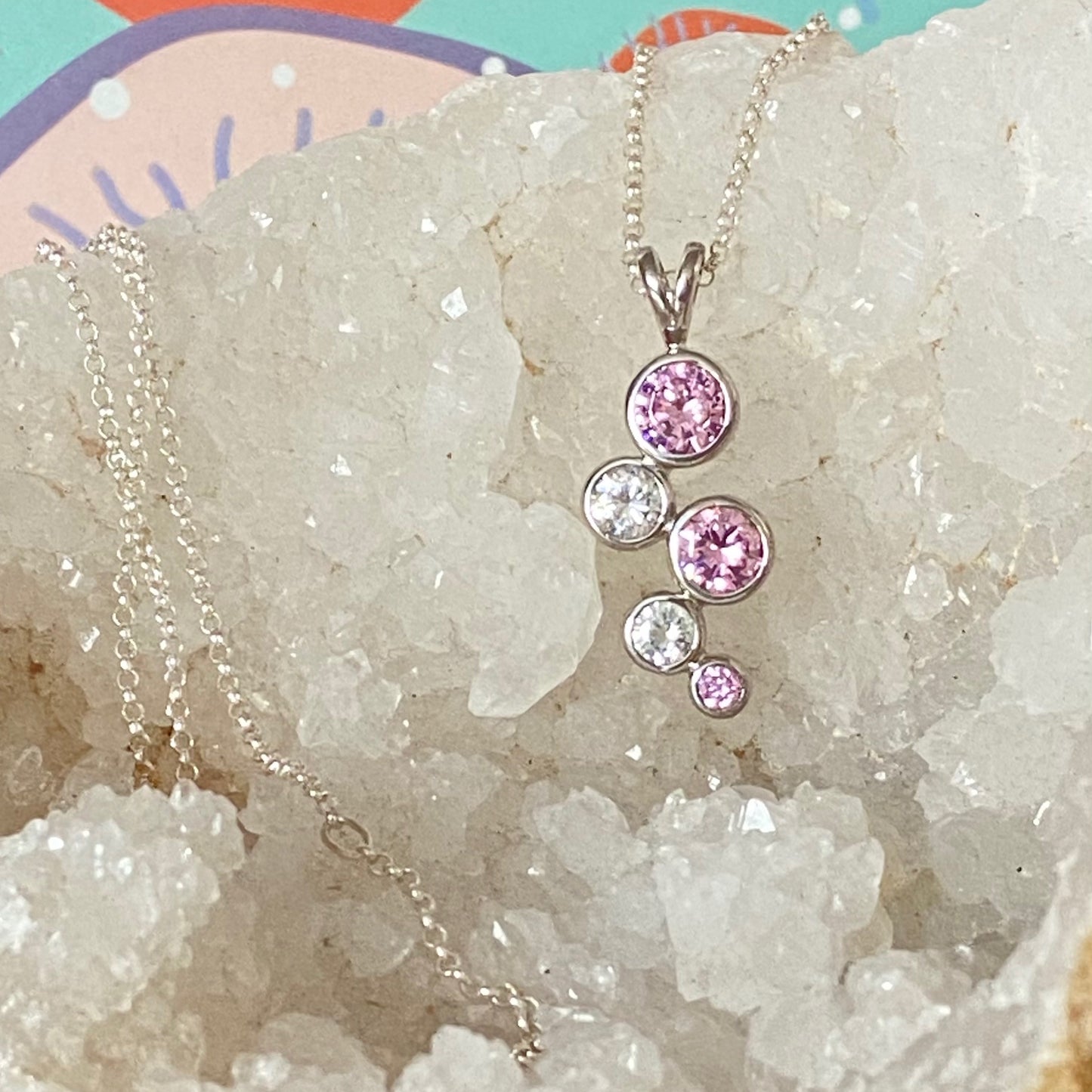Necklace with stunning Pink and Clear Pendent crafted from Sterling Silver