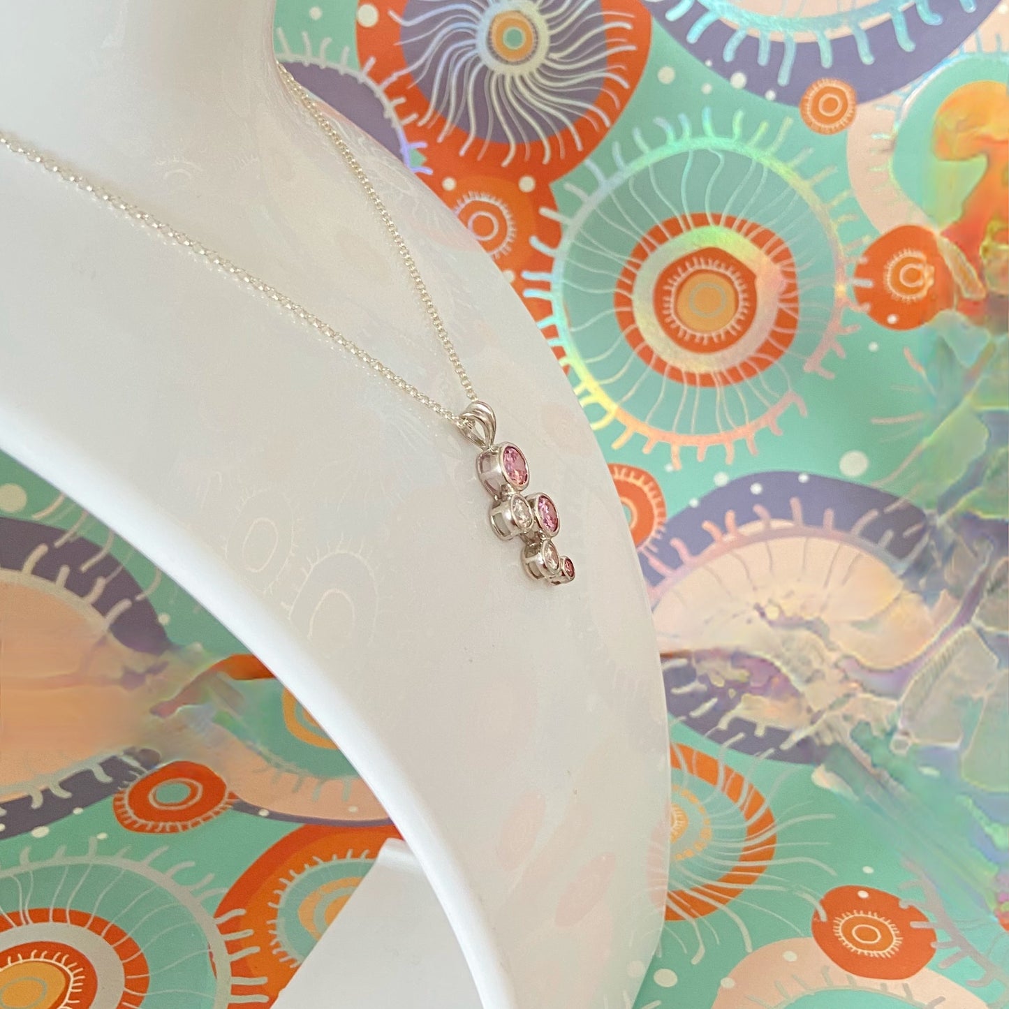 Necklace with stunning Pink and Clear Pendent crafted from Sterling Silver