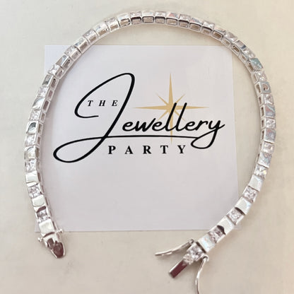 Sterling Silver 925 Clear Cubic Zirconia Gemstones Tennis bracelet with dashes of Silver squares