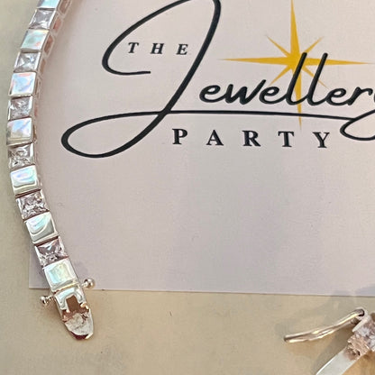Sterling Silver 925 Clear Cubic Zirconia Gemstones Tennis bracelet with dashes of Silver squares