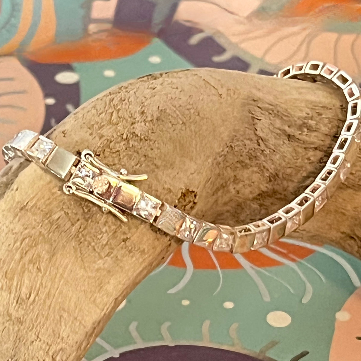 Sterling Silver 925 Clear Cubic Zirconia Gemstones Tennis bracelet with dashes of Silver squares