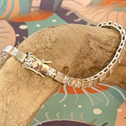 Sterling Silver 925 Clear Cubic Zirconia Gemstones Tennis bracelet with dashes of Silver squares