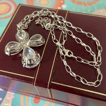 Sterling Silver Belcher chain with a Large Clear Flower Crystal Cross