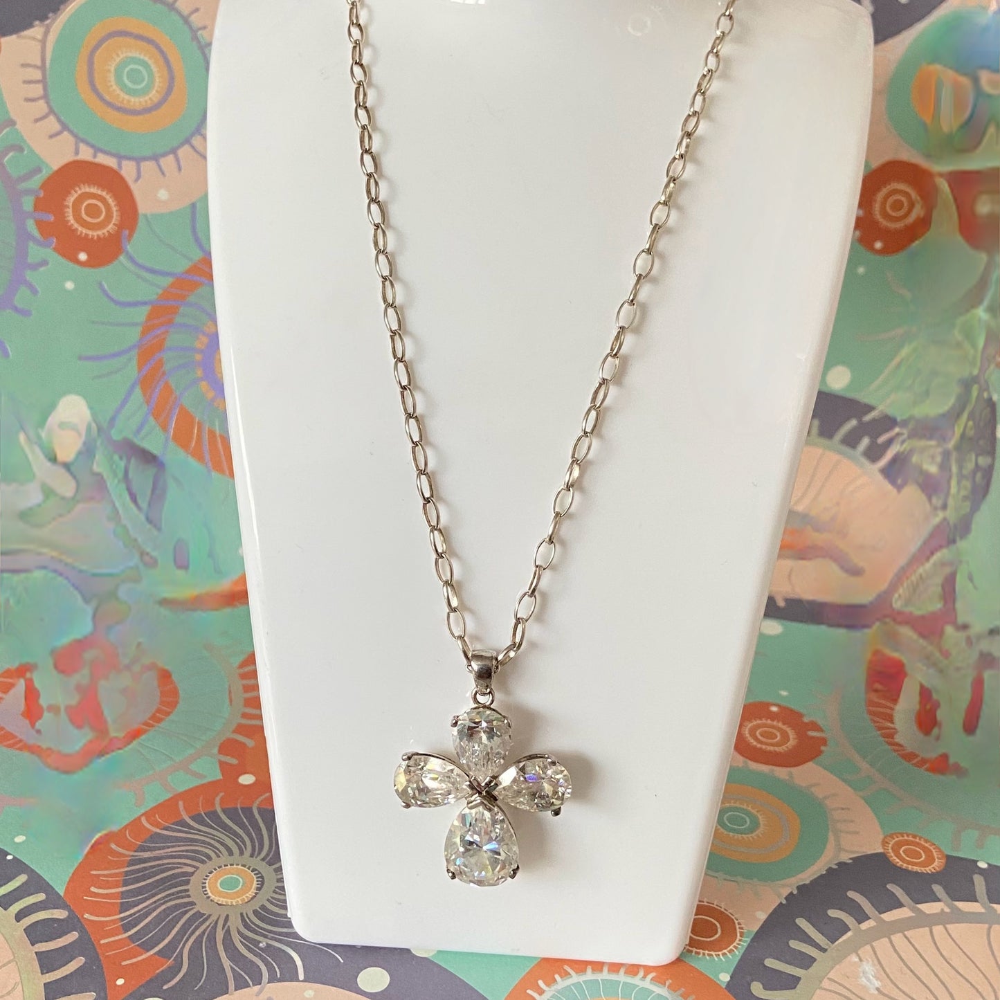 Sterling Silver Belcher chain with a Large Clear Flower Crystal Cross