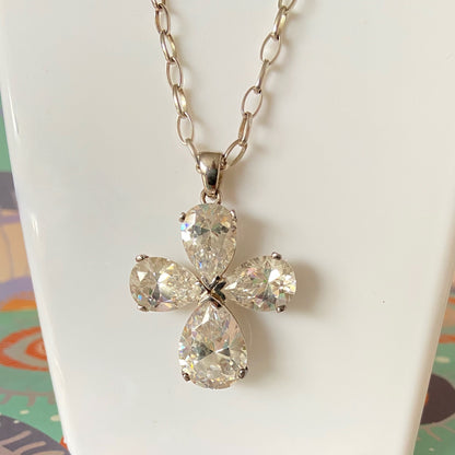 Sterling Silver Belcher chain with a Large Clear Flower Crystal Cross