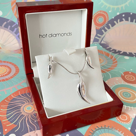 Vintage Hot diamonds Sterling Silver, Diamond Leaf Stem Earrings and Necklace Set