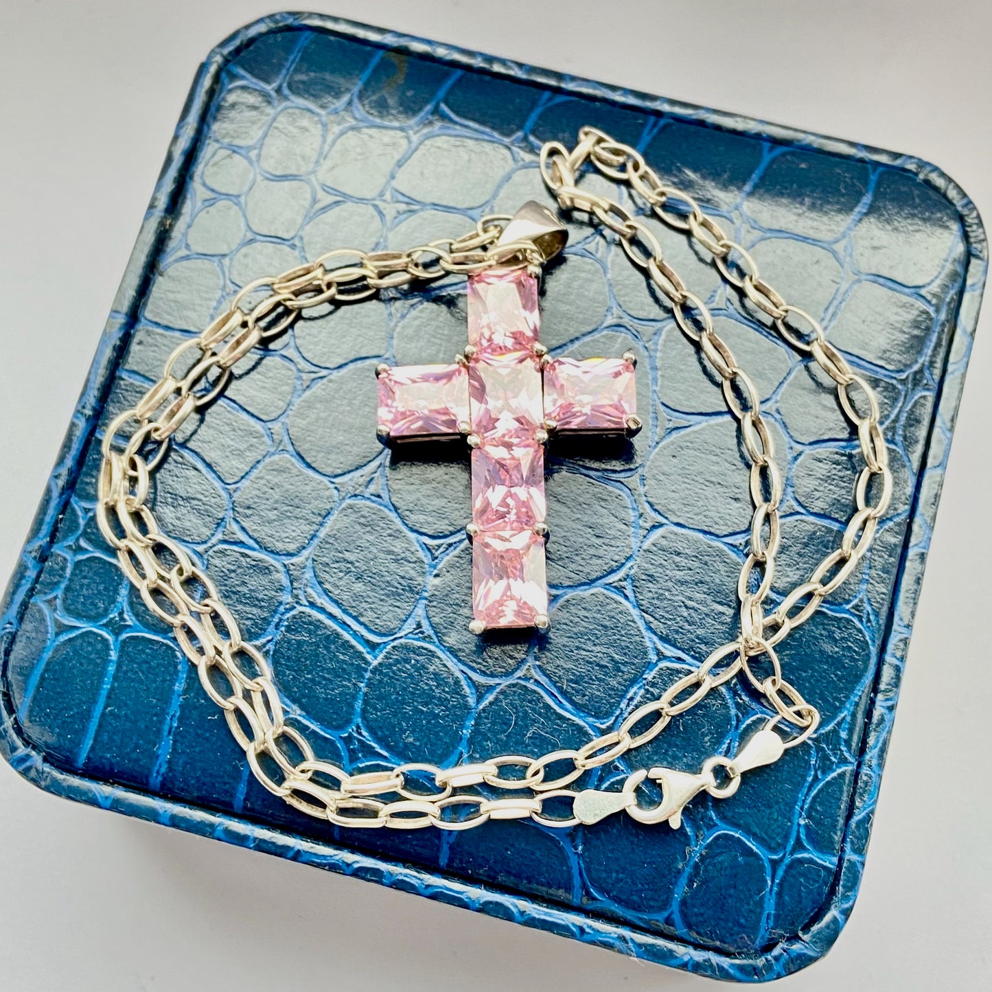 Sterling Silver Belcher chain with a Large Pink Crystal Cross