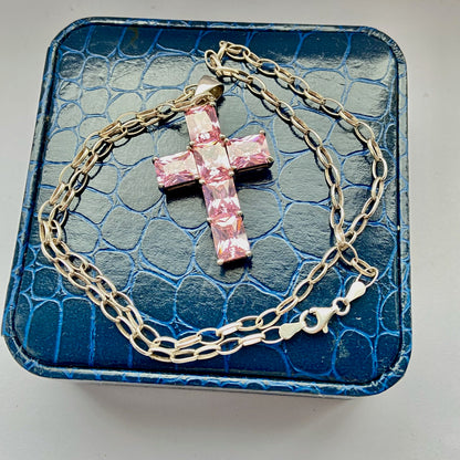 Sterling Silver Belcher chain with a Large Pink Crystal Cross